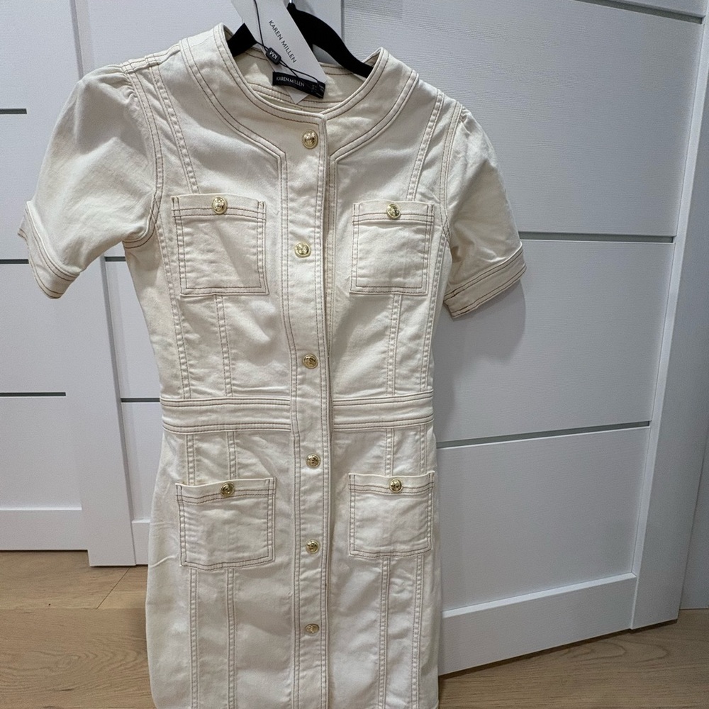 Karen Millen Cream Button-Front Short Sleeve Denim Dress